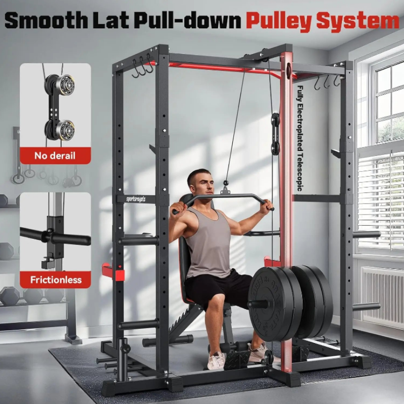 Power Rack, Multi-Functional Power Cage with LAT Pulldown Pulley System, Squat Rack with More Training Attachments for Home Gym