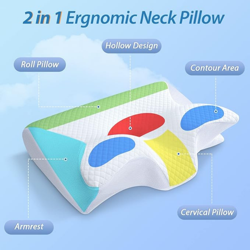 Orthopedic Memory Foam Cervical Pillow 2 in 1 Ergonomic Contour for Neck Pain Contoured Support Pillows for Side Back Stomach Sleepers