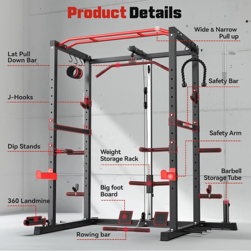 Power Rack, Multi-Functional Power Cage with LAT Pulldown Pulley System, Squat Rack with More Training Attachments for Home Gym