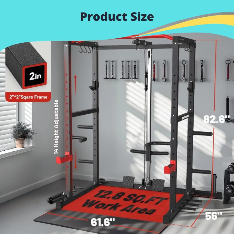 Power Rack, Multi-Functional Power Cage with LAT Pulldown Pulley System, Squat Rack with More Training Attachments for Home Gym